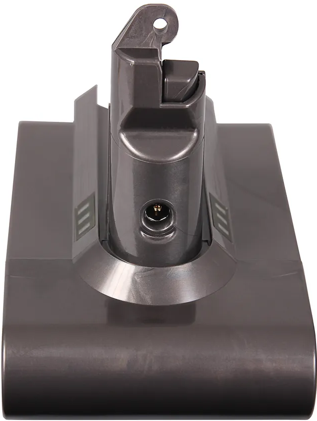 Un pacco batteria per aspirapolvere grigio scuro, con porta di ricarica e due dettagli grigi.