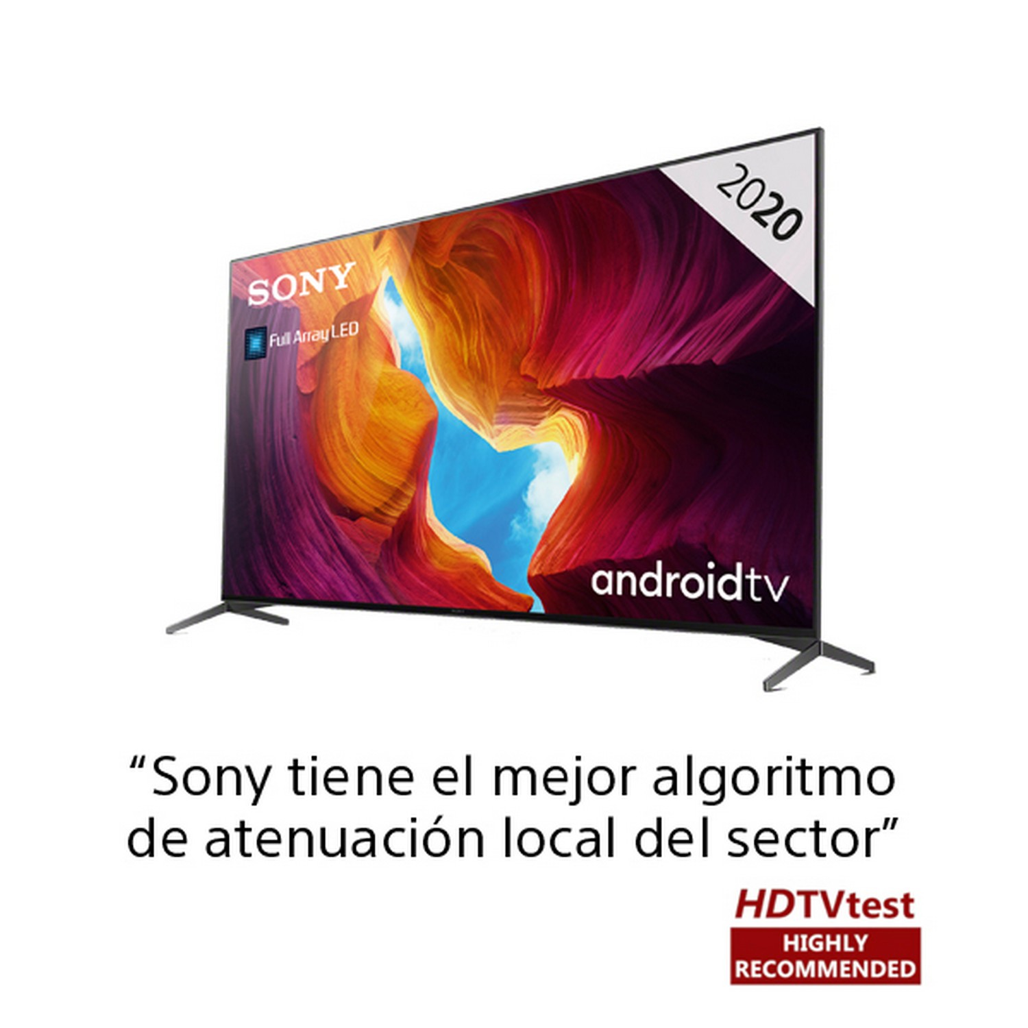 Gran televisor Sony con una pegatina de 2020 y el texto "Sony tiene el mejor algoritmo..." y el logo HD test.
