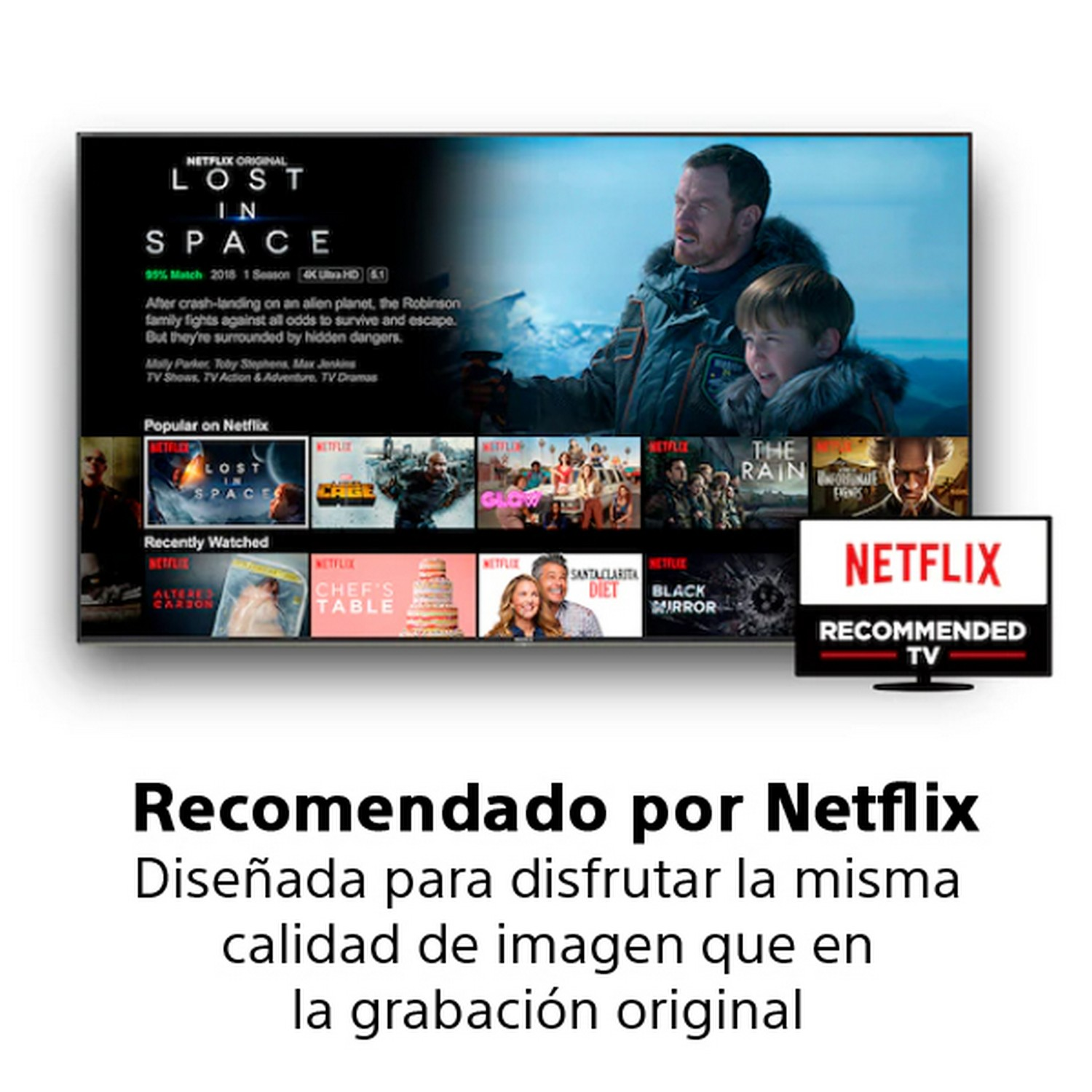 Una pantalla de TV muestra 'Lost in Space', con el logo de Netflix y recomendaciones.