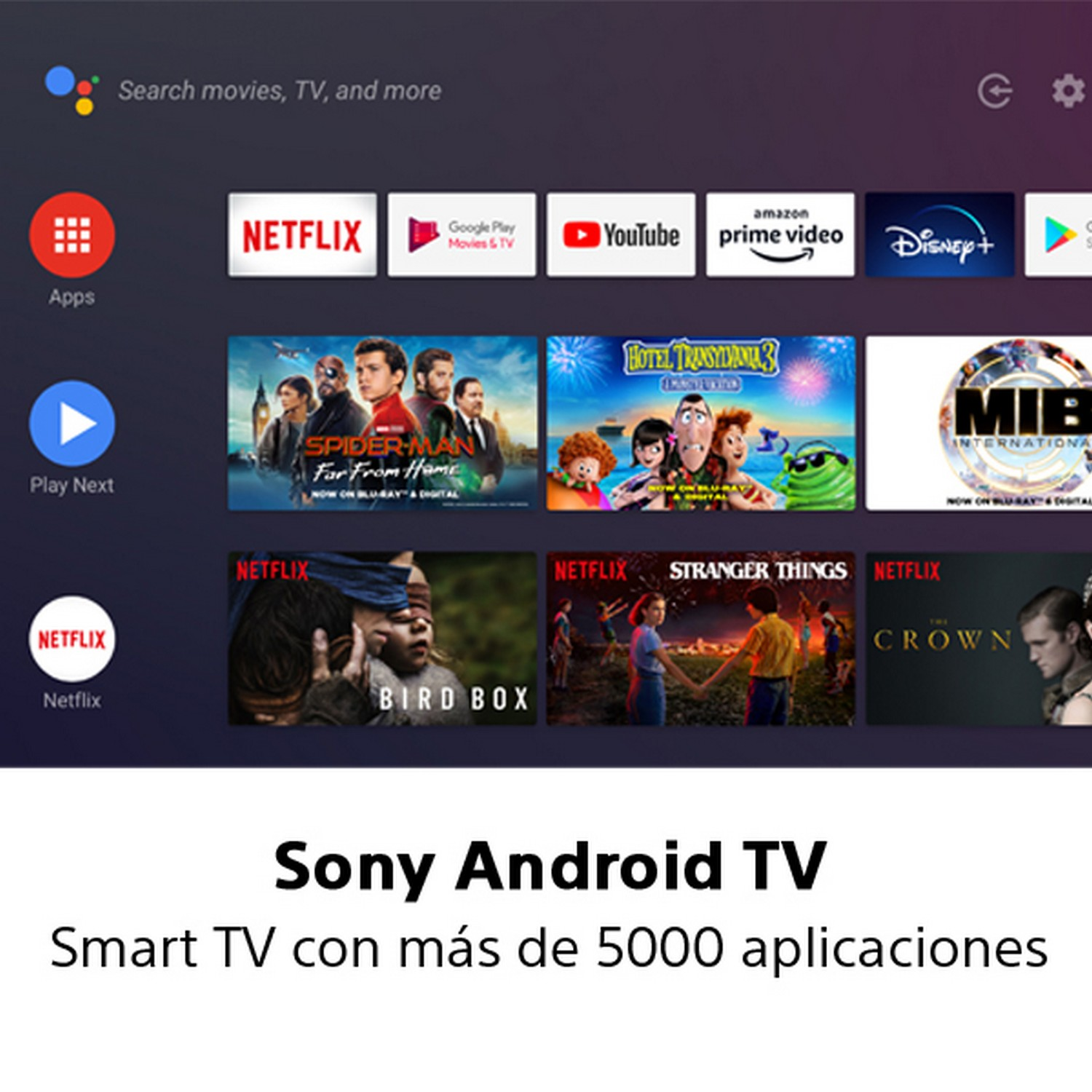 Pantalla de TV Sony Android mostrando aplicaciones y películas. Texto: Sony Android TV.
