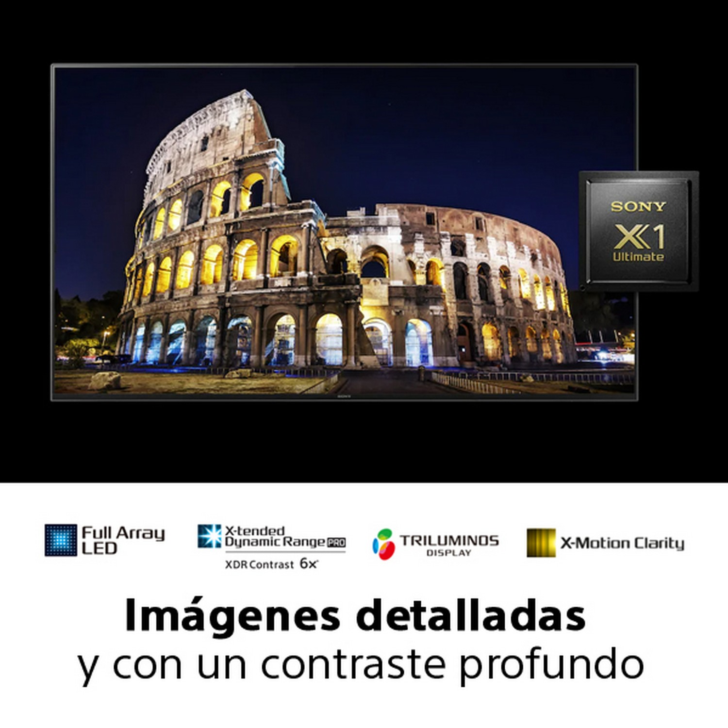 Un televisor Sony muestra el Coliseo de noche. Logotipos de funciones en la parte inferior, con el logotipo "X1 Ultimate".