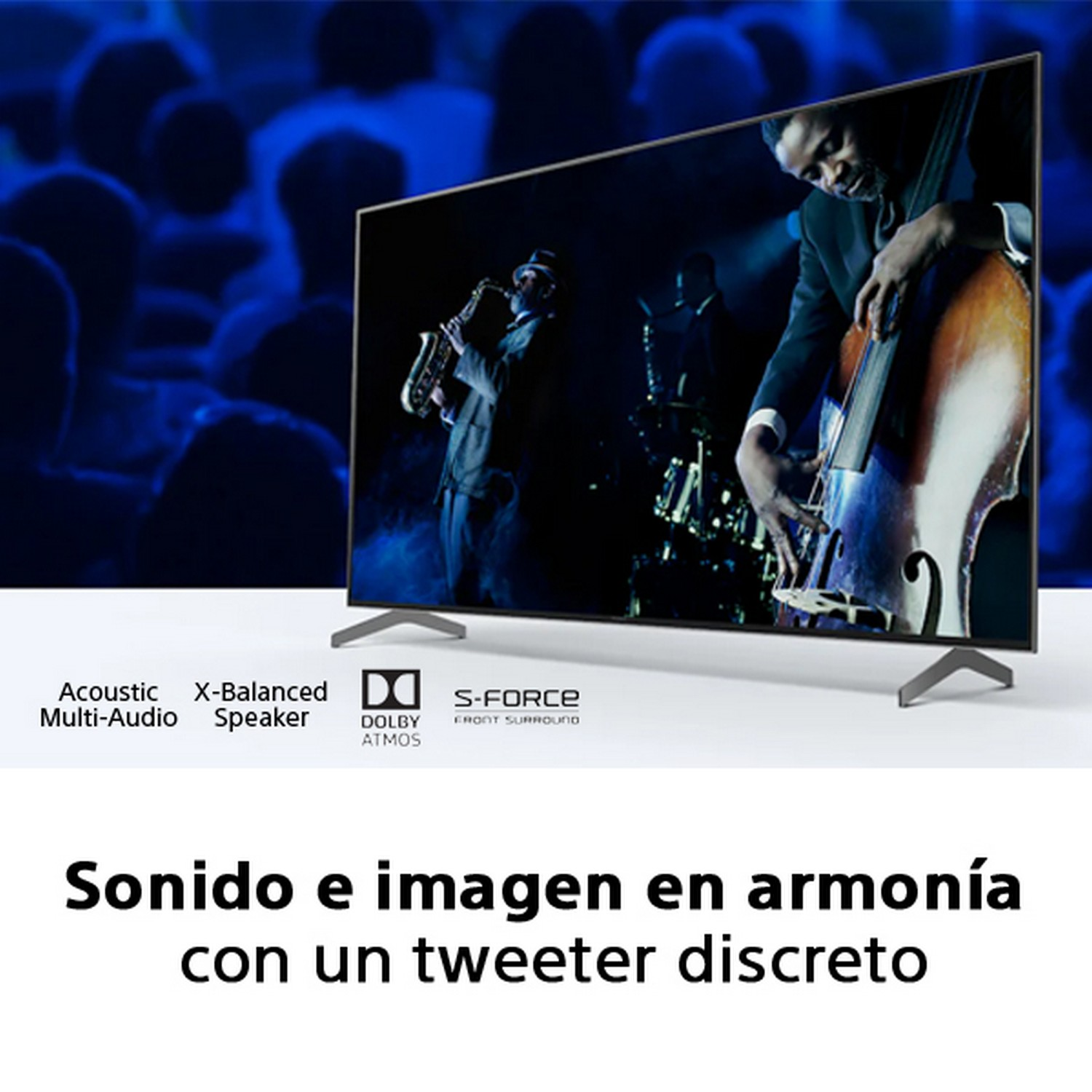 Una pantalla de TV muestra una banda de jazz. Texto: 'Sonido e imagen en armonía'.
