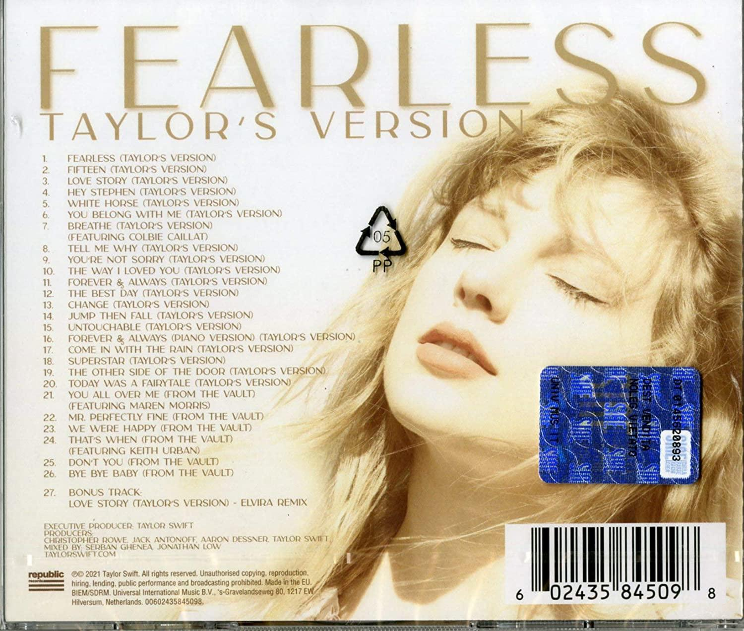 Rückseite der Fearless Taylor's Version CD mit Trackliste und Bild.