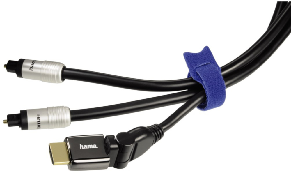 Three black cables with silver ends and a blue Velcro strap, one ending with HDMI.