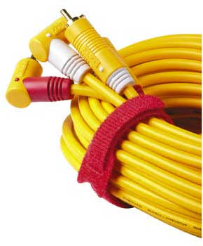 Yellow cables coiled, held together with a red velcro strap, with connectors.