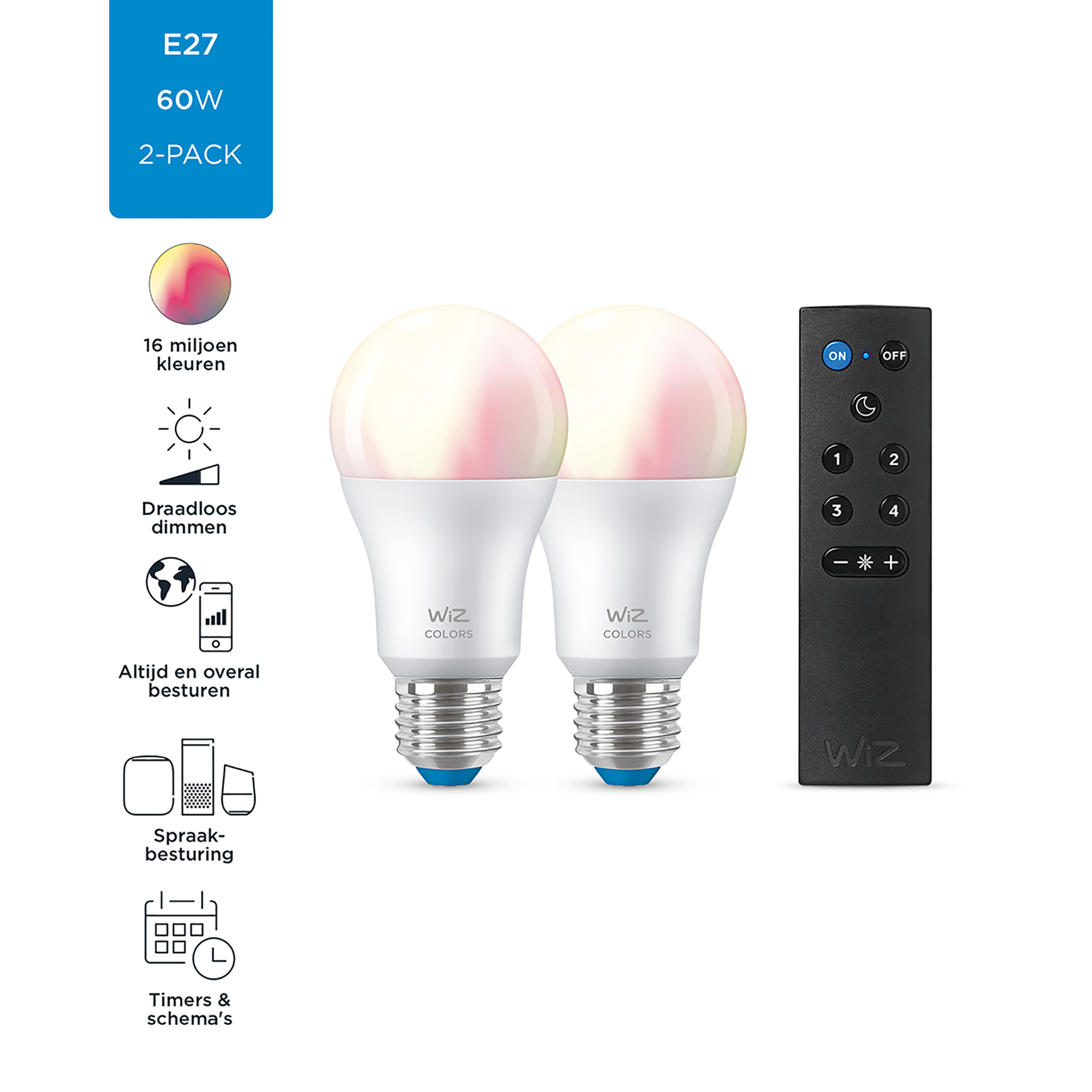 Two white light bulbs with a remote control. Text about dimming and colors.