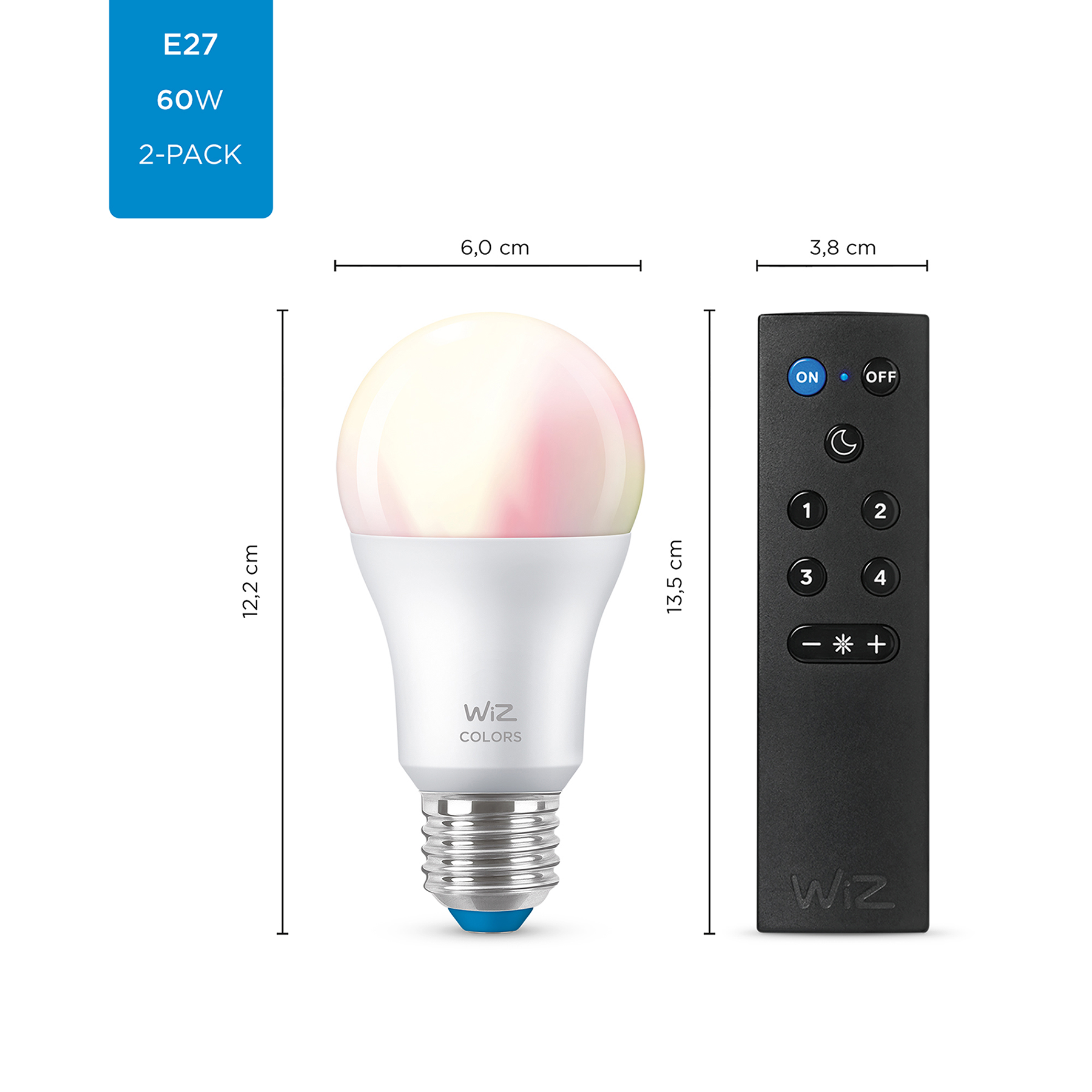 White light bulb with a remote control. Bulb has pink and yellow glow. Remote has buttons.