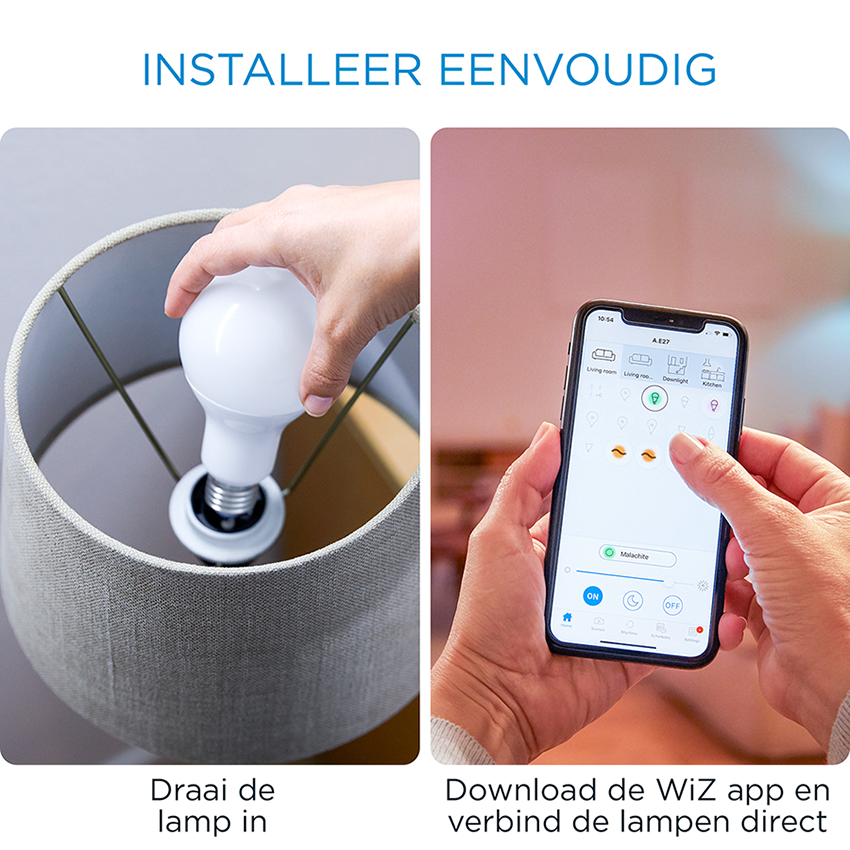 Hands install a lightbulb. A smartphone shows the app and connected lamp.