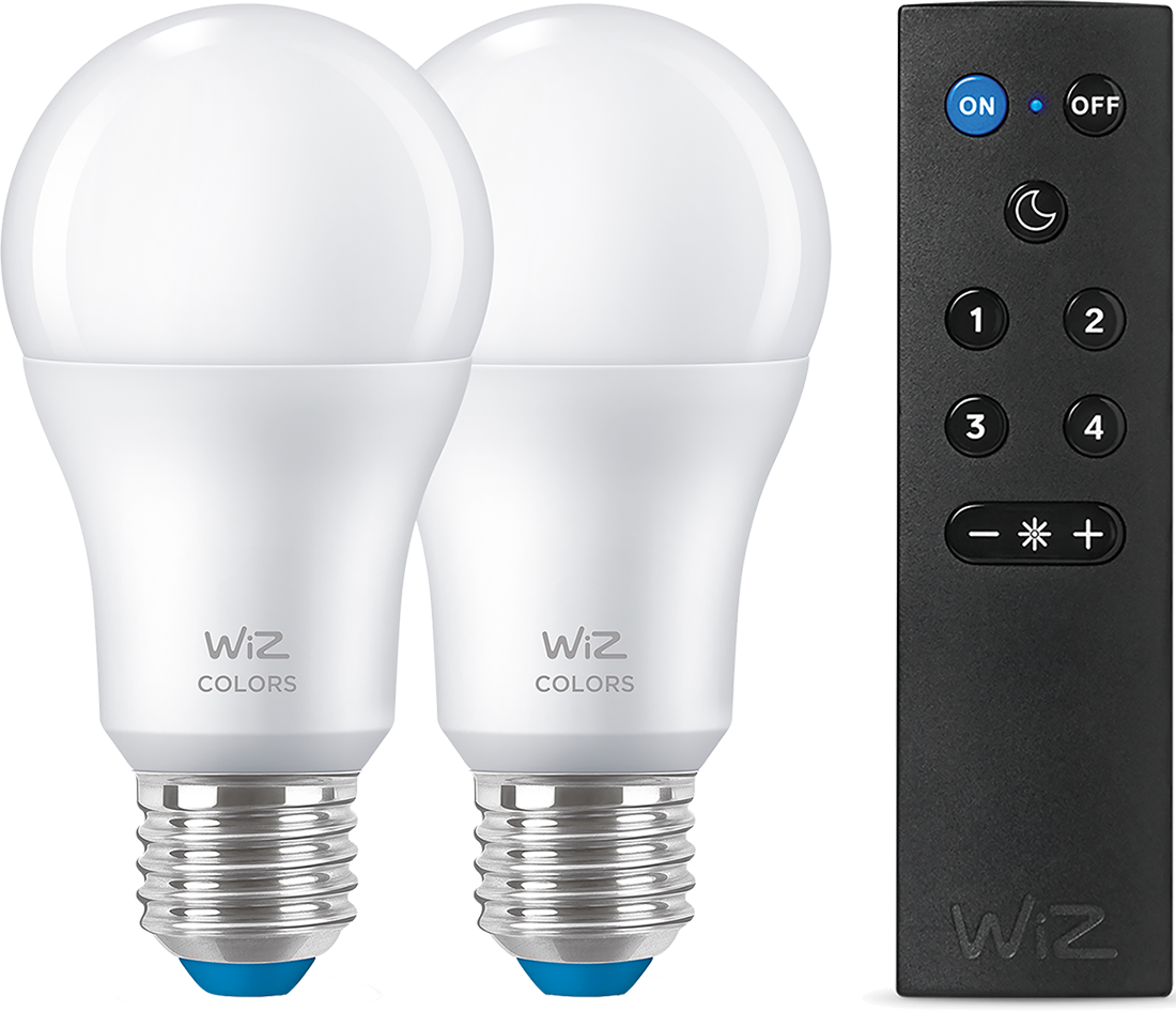 Two Wiz Colors smart light bulbs and a remote control.