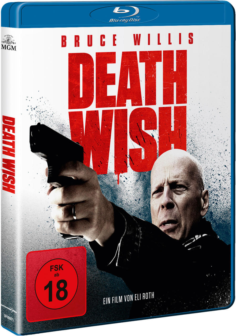 Filmcover mit Bruce Willis mit Pistole, Titel 'DEATH WISH'.