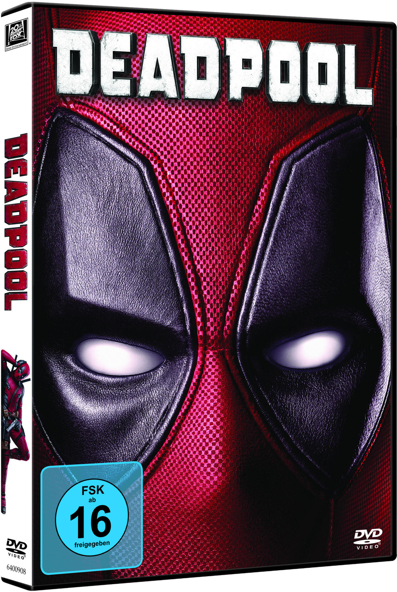 Deadpool DVD-Cover: rote Maske, weiße Augen, Titel und FSK 16-Bewertung.