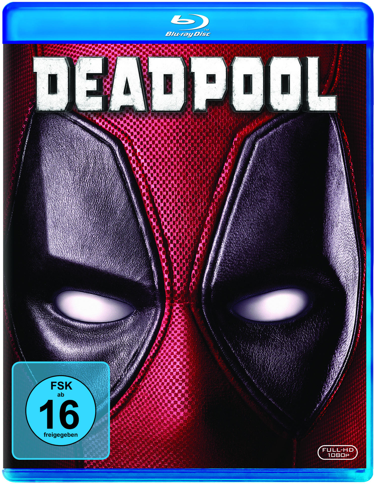 Deadpool Blu-ray-Cover. Die Maske bedeckt das Gesicht. Rote und schwarze Farben dominieren das Bild.