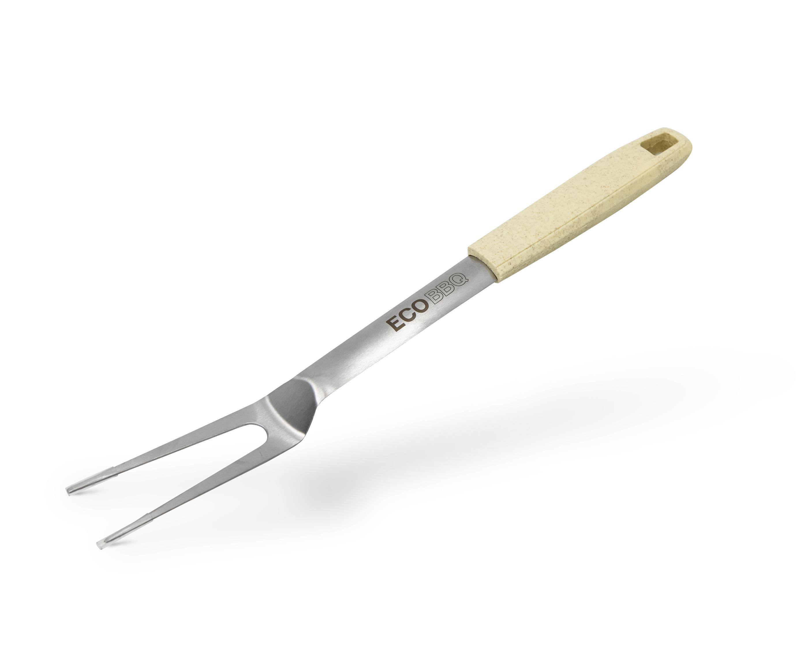 BBQ-Gabel mit cremefarbenem Griff und Edelstahlgabel auf weißem HG.