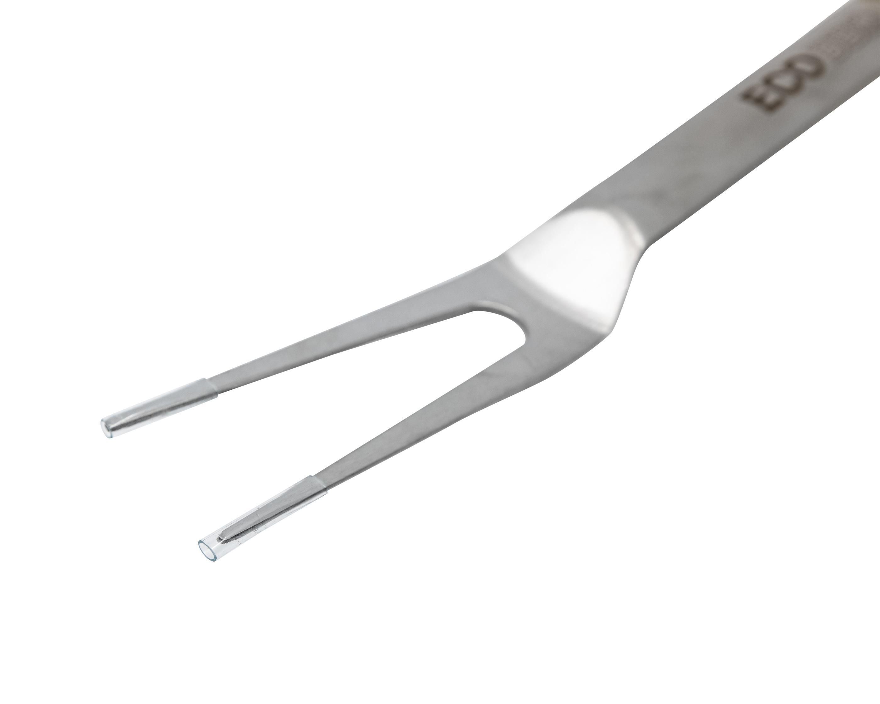Metall-Tranchiergabel mit zwei Zinken, auf weißem Hintergrund.