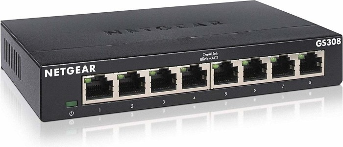 Ein schwarzer Netgear GS308 Ethernet-Switch mit 8 Anschlüssen, beschriftet mit 1-8, sowie Strom- und Link-Leuchten.