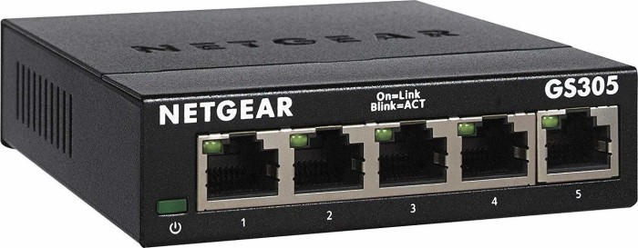 Ein schwarzer Netgear GS305 Netzwerk-Switch mit fünf Ports, jeder mit einer grünen LED-Leuchte.