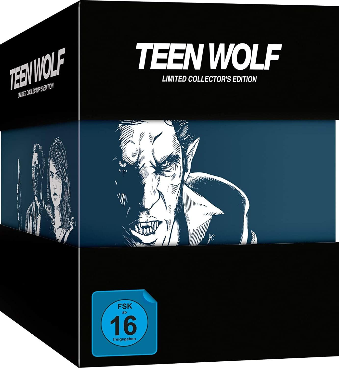 Teen Wolf DVD-Box-Set, schwarze Box mit Werwolf-Illustration.