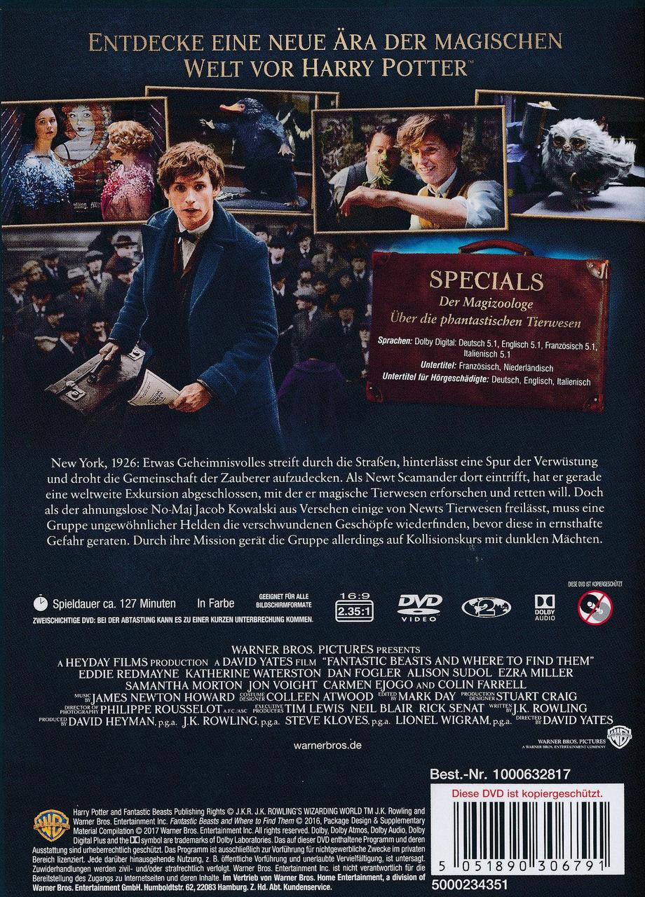 Die Rückseite einer DVD-Hülle für 'Phantastische Tierwesen' mit Text und Bildern.