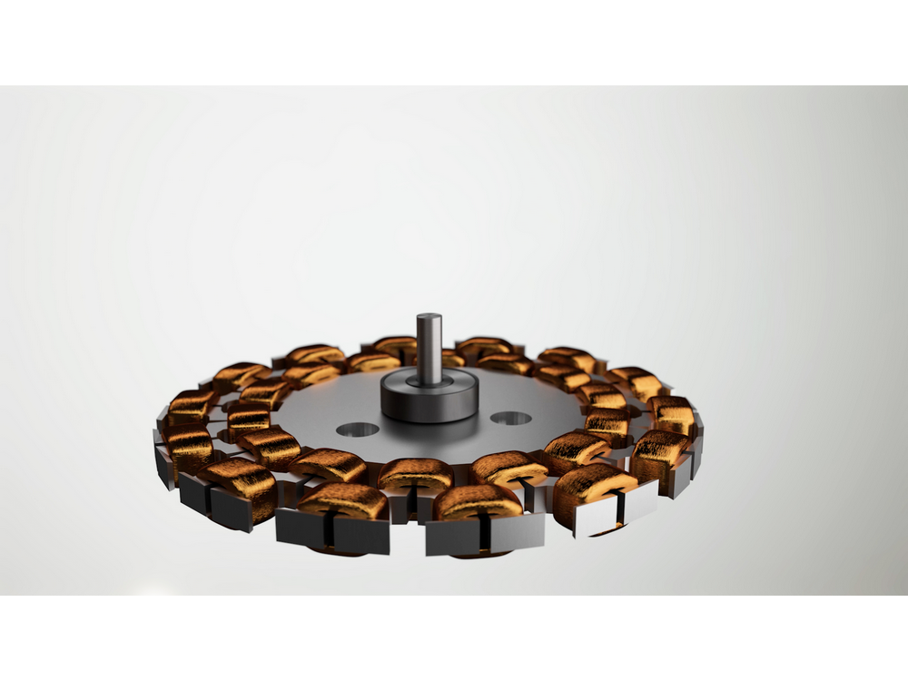 Componente de ventilador circular con bobinas de cobre dispuestas alrededor de un eje central.
