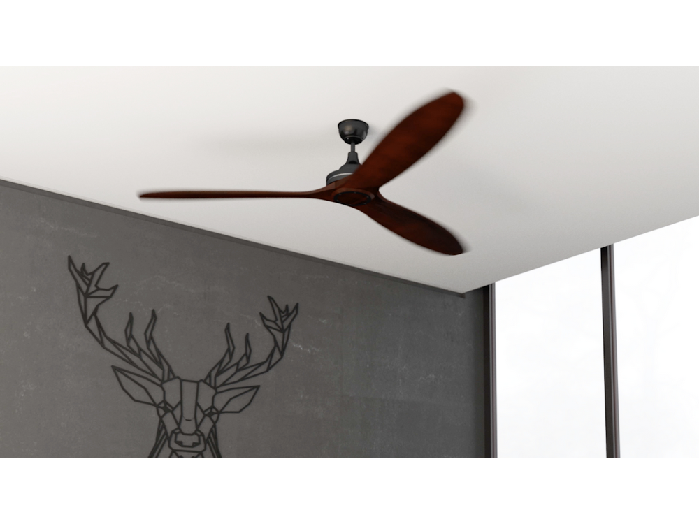 Ventilador de techo con tres aspas de color marrón oscuro. El ventilador está en una habitación con un arte mural de ciervo.