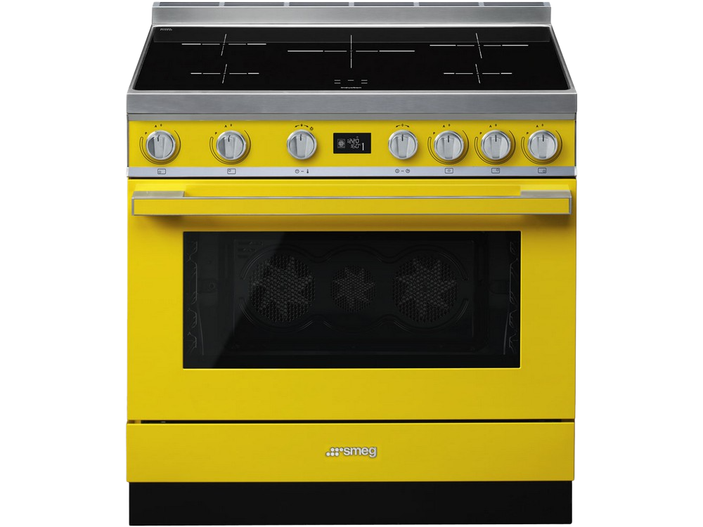 Cocina - Smeg CPF9IPYW, Inducción, 5 zonas, 3700 W, 115 l, Float glass, Pirolítico, Pantalla LCD, Amarillo