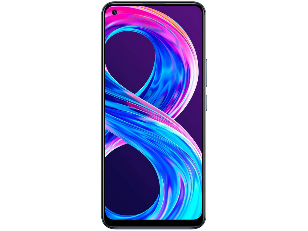 Un teléfono inteligente con un diseño abstracto y colorido en la pantalla.
