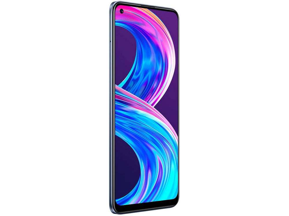 Un teléfono Realme azul y morado, en posición vertical. La pantalla muestra formas abstractas coloridas.