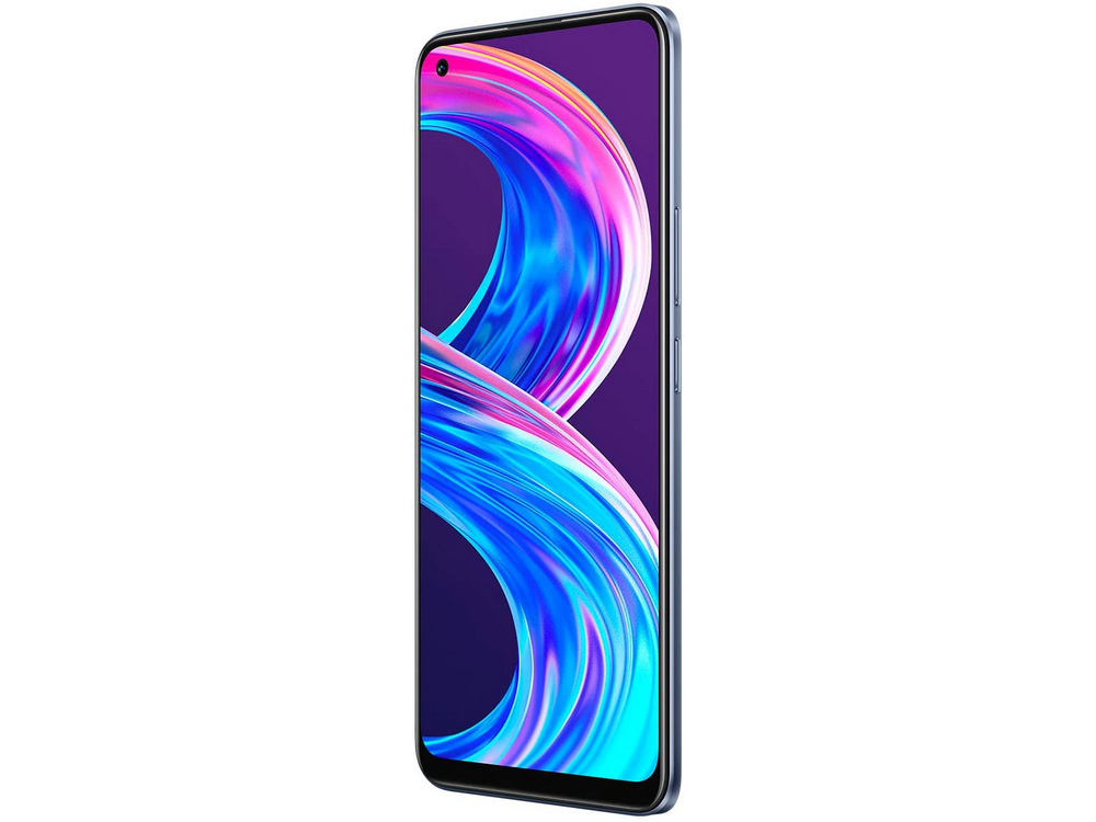 Un smartphone con un fondo abstracto colorido en un gradiente azul es visible.