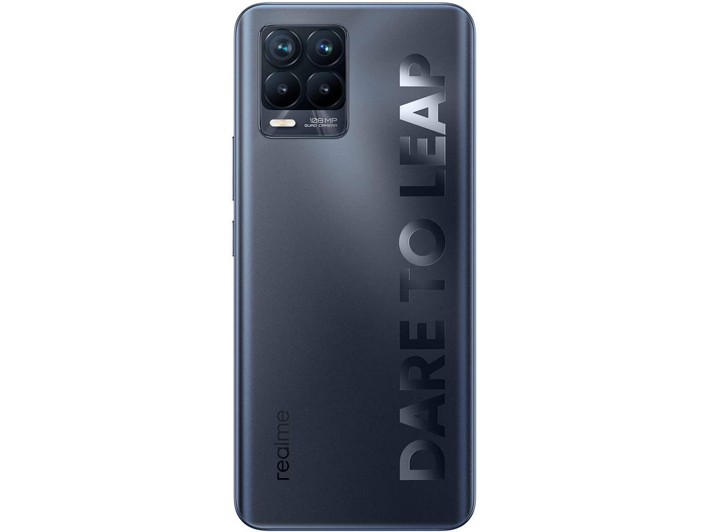 Vista trasera de un teléfono gris oscuro con cuatro lentes de cámara.