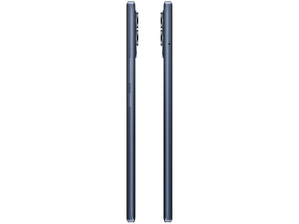 Dos teléfonos inteligentes azul oscuro, vista lateral, mostrando su diseño elegante y cámara.