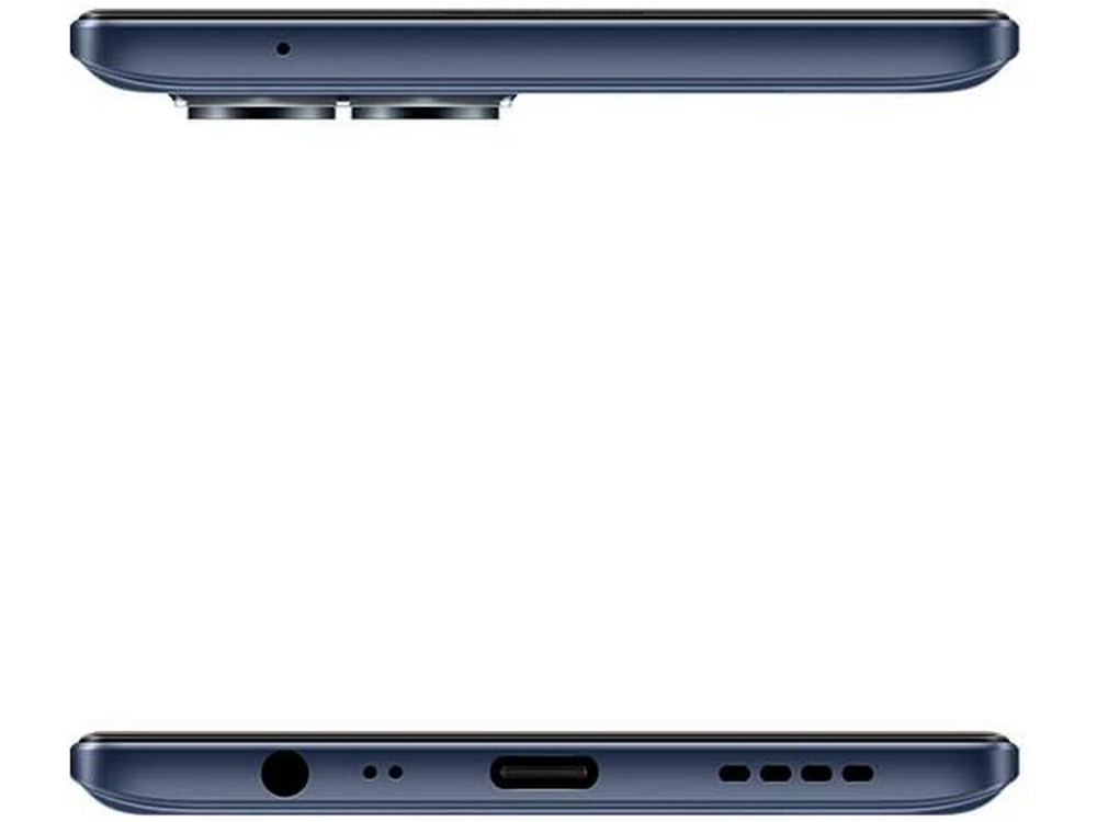 Vista superior e inferior de un teléfono inteligente azul. Con la cámara y los puertos.