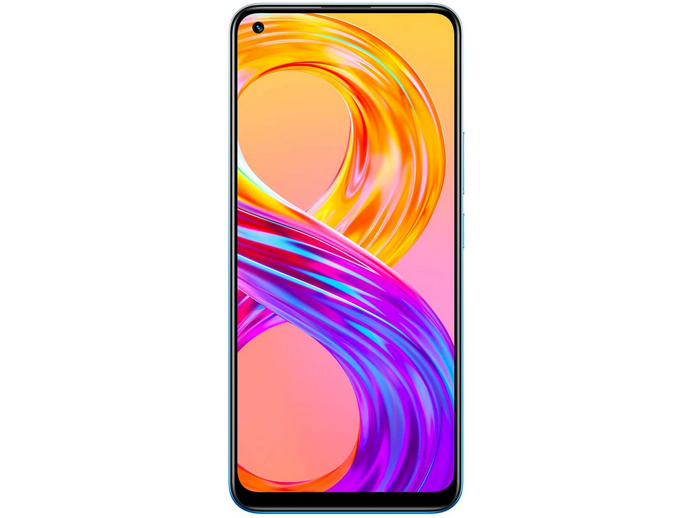 Un teléfono inteligente con un diseño abstracto y colorido en la pantalla y un marco azul.