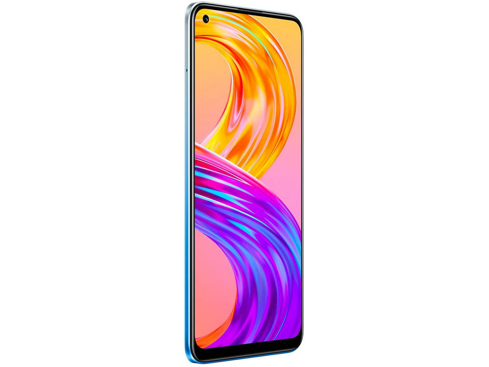 Smartphone sobre blanco. Pantalla con diseño abstracto colorido. Marco azul.