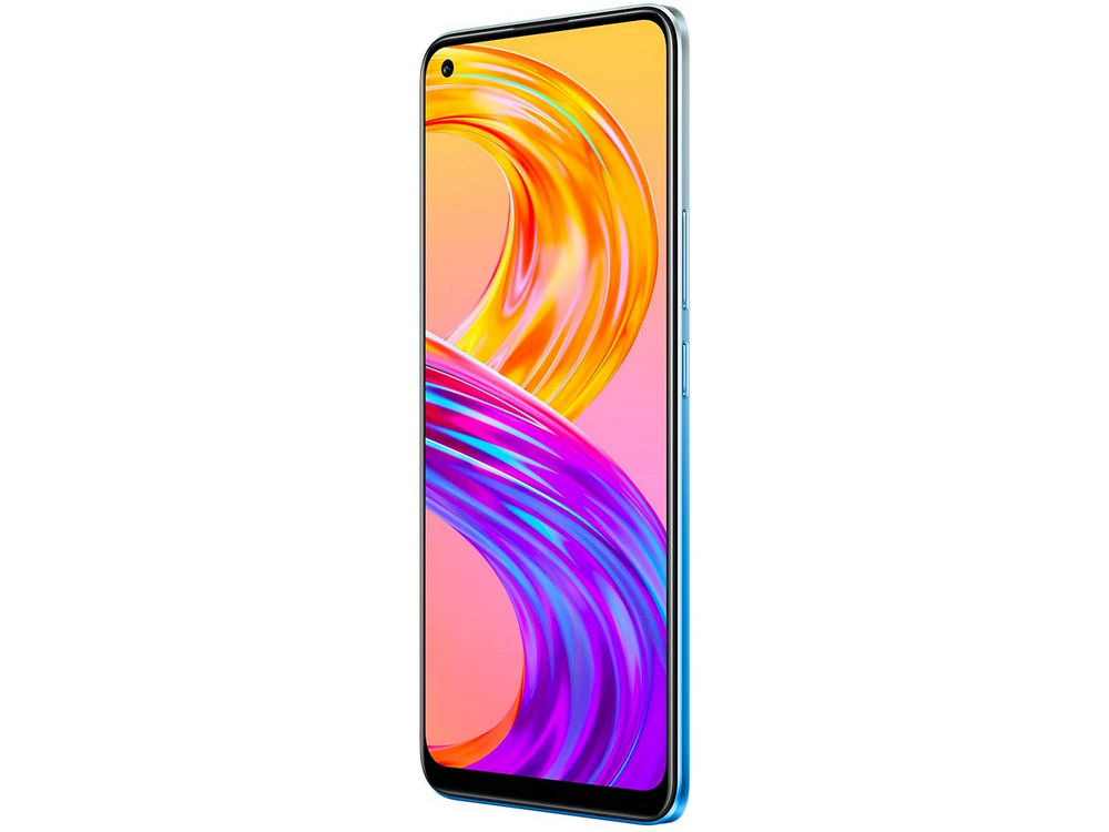 Teléfono inteligente azul con una pantalla colorida. Presenta un degradado rosa, naranja y morado.
