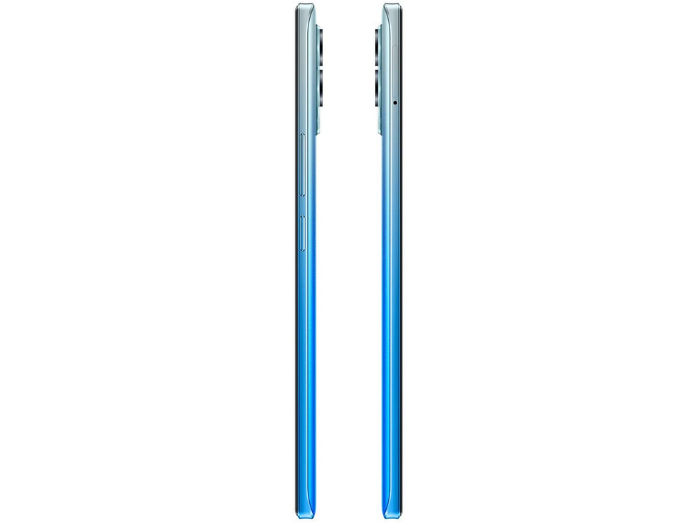 Dos teléfonos con degradado azul uno junto al otro, mostrando sus perfiles laterales, con la cámara visible.