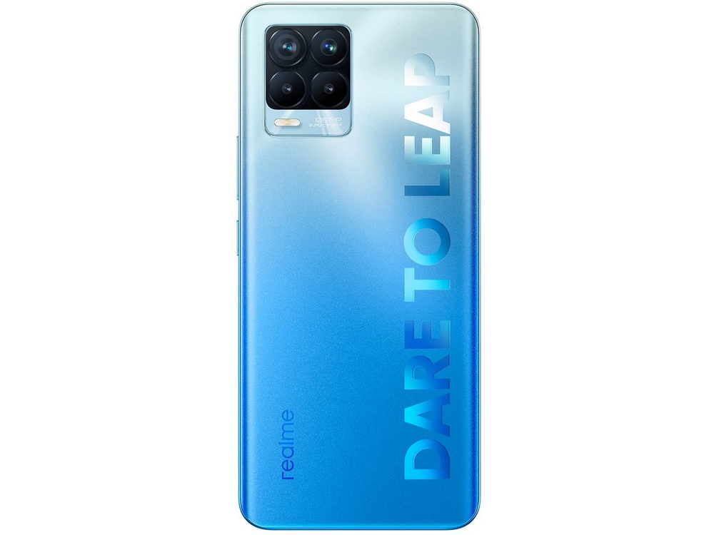 La parte trasera de un teléfono Realme azul y plateado. El texto 'DARE TO LEAP' se muestra en letras grandes.