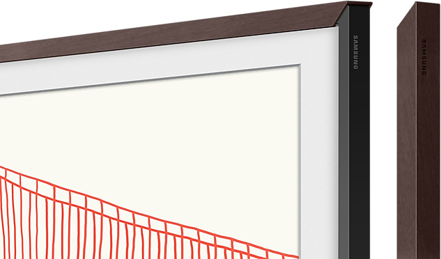 A brown frame for a TV with a white screen displaying art.