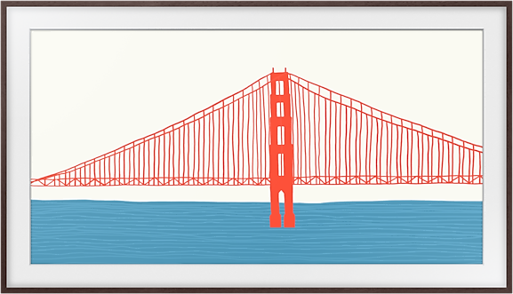 Un dessin artistique du Golden Gate Bridge en rouge sur un fond blanc et bleu.