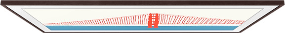 Une représentation artistique du Golden Gate Bridge dans une œuvre d'art encadrée.