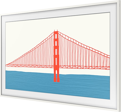 Une image encadrée du Golden Gate Bridge, dessinée en orange et bleu.
