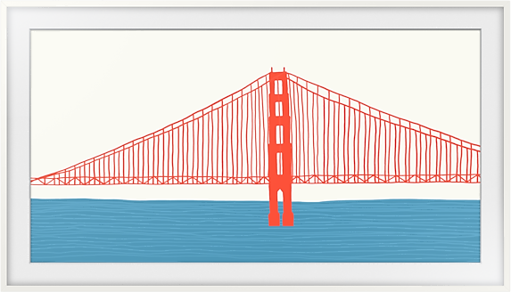 Dessin du Golden Gate Bridge. Le pont est rouge, et le ciel est blanc. Eau bleue.