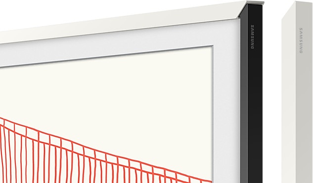 Cadre TV Samsung. Le cadre est blanc avec une bordure noire et présente une image d'un dessin rouge et blanc.