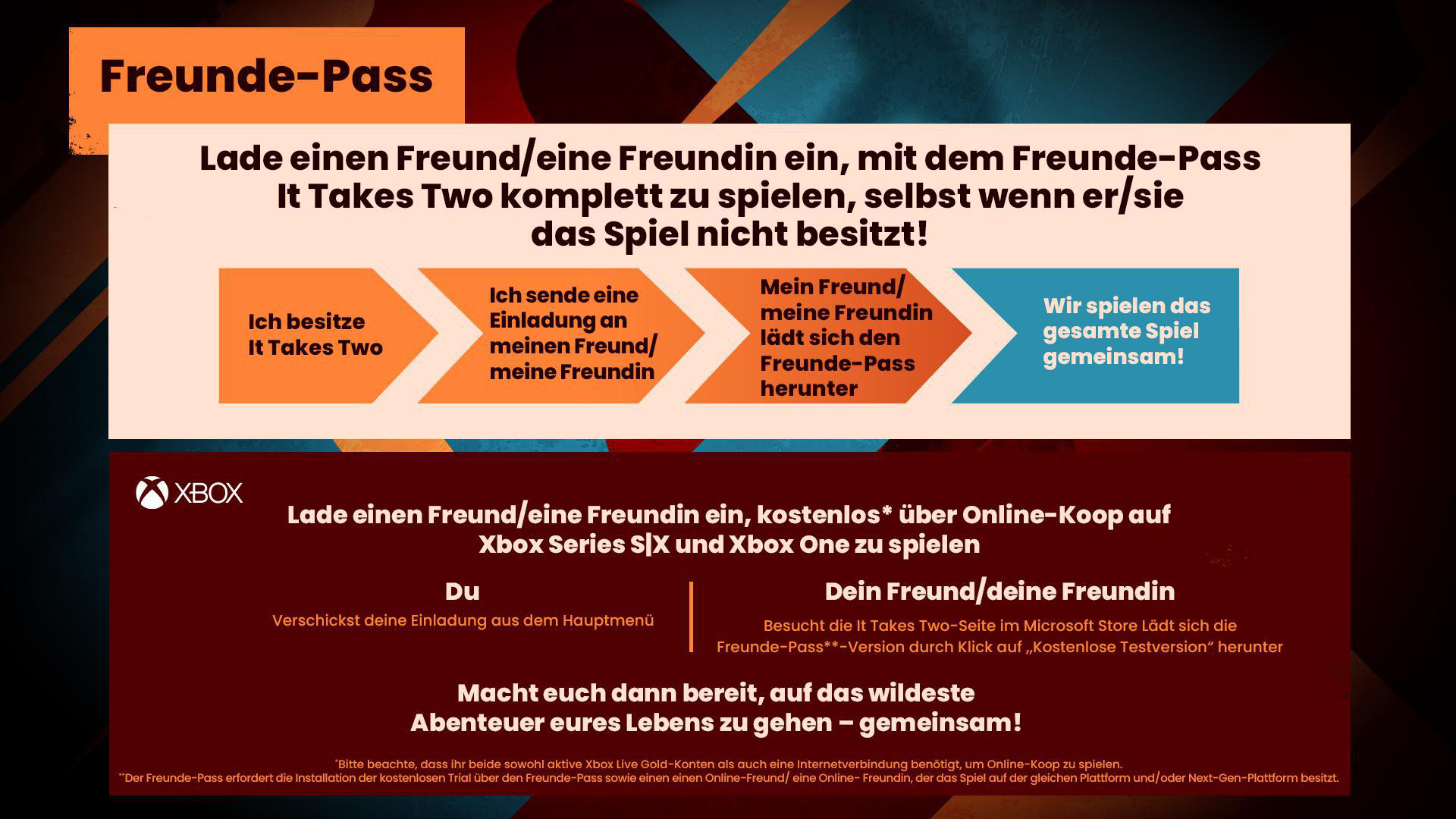 Eine deutsche Werbung, die erklärt, wie man It Takes Two mit einem Freund mit dem Freunde-Pass spielt.