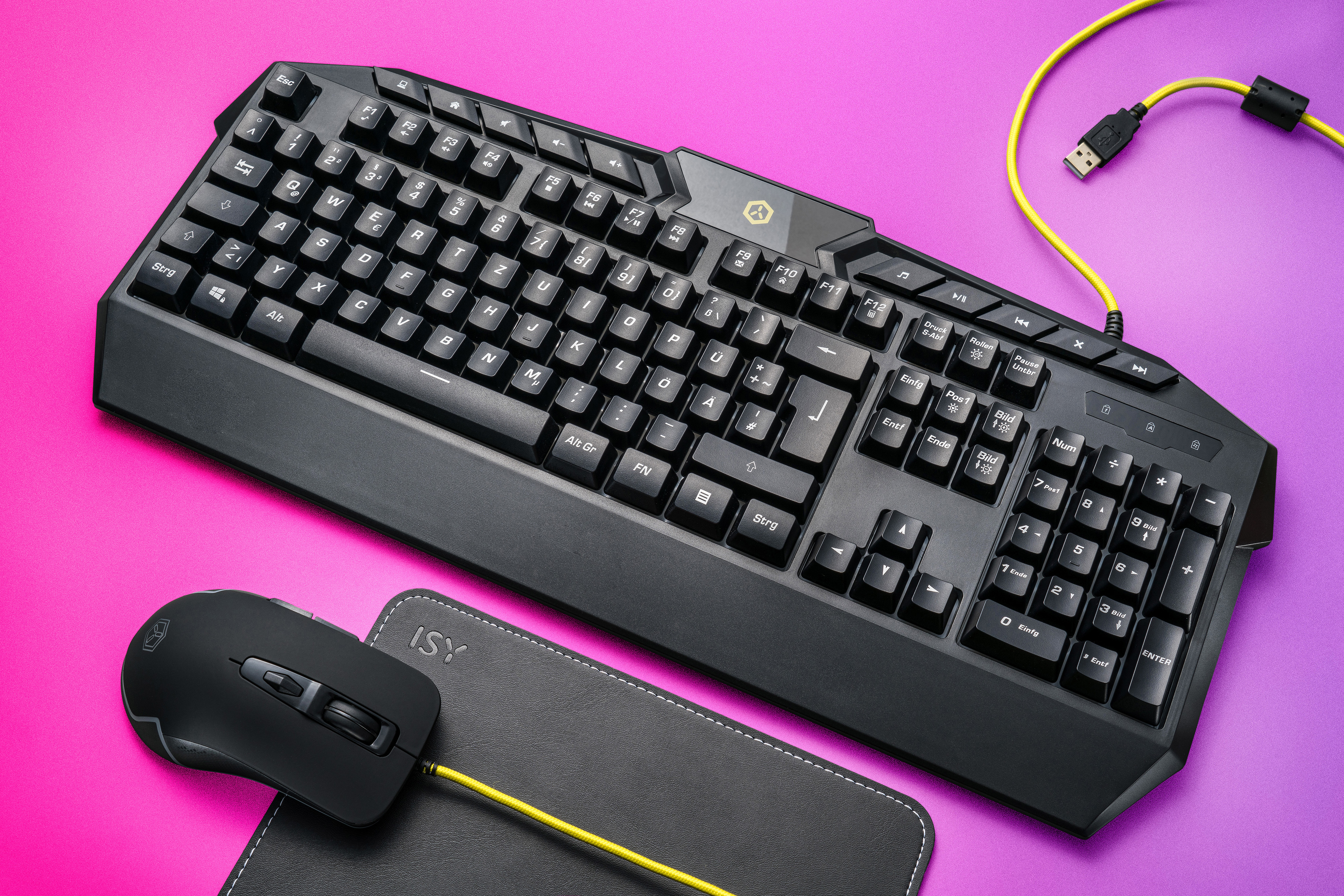 ISY IGK-1000, Gaming Tastatur, Rubberdome, kabelgebunden, Schwarz-gelb