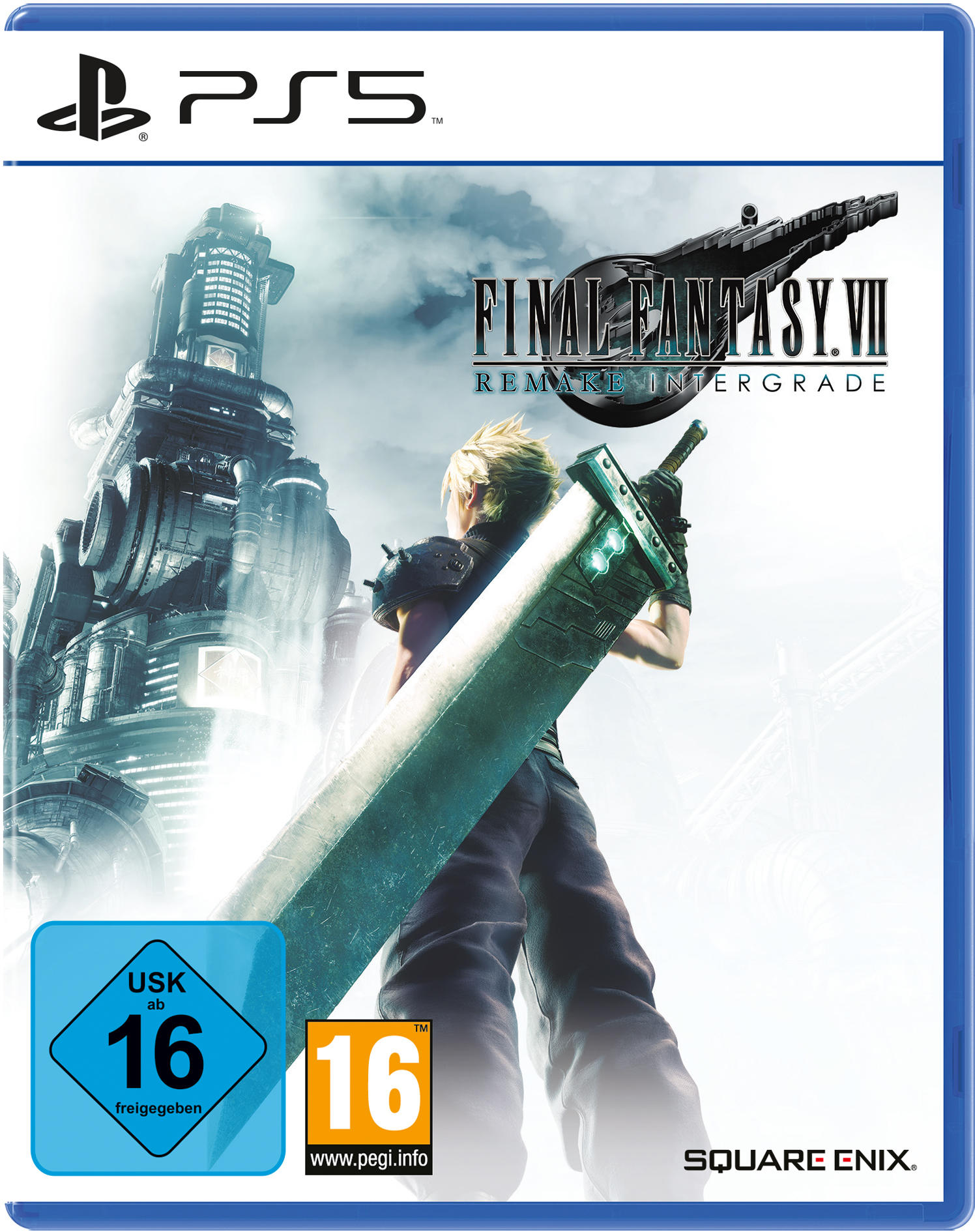Spielbox für Final Fantasy VII Remake Intergrade. Zeigt eine Person mit einem großen Schwert. Blauer Hintergrund.