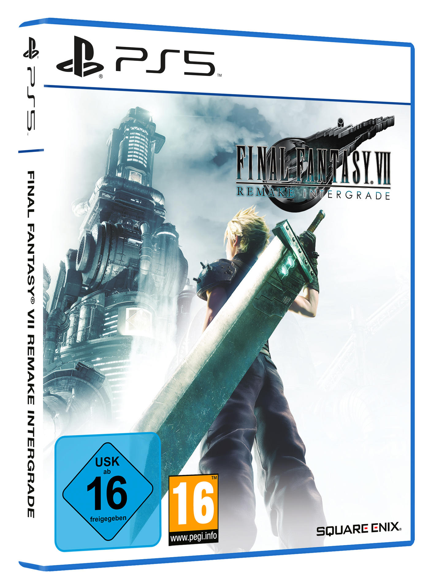 Spielbox für Final Fantasy VII Remake Intergrade. Ein Mann mit einem großen Schwert steht vor einer Stadt.