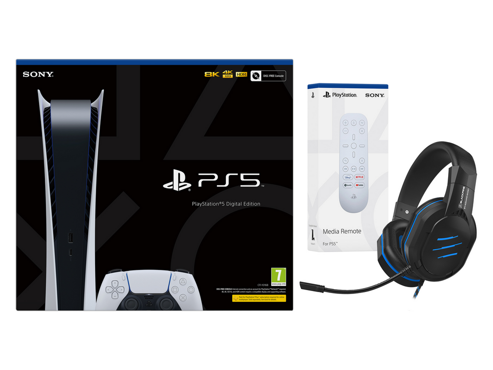 Consola - Sony PS5 Digital Edition, 825GB, 4K, HDR, Blanco + Sony Media Remote + Auriculares gaming BFX-60