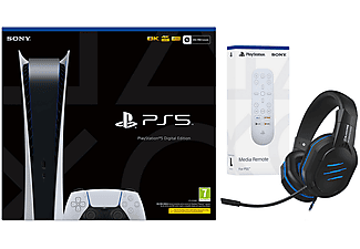 Consola - Sony PS5 Digital Edition, 825GB, 4K, HDR, Blanco + Sony Media Remote + Auriculares gaming BFX-60