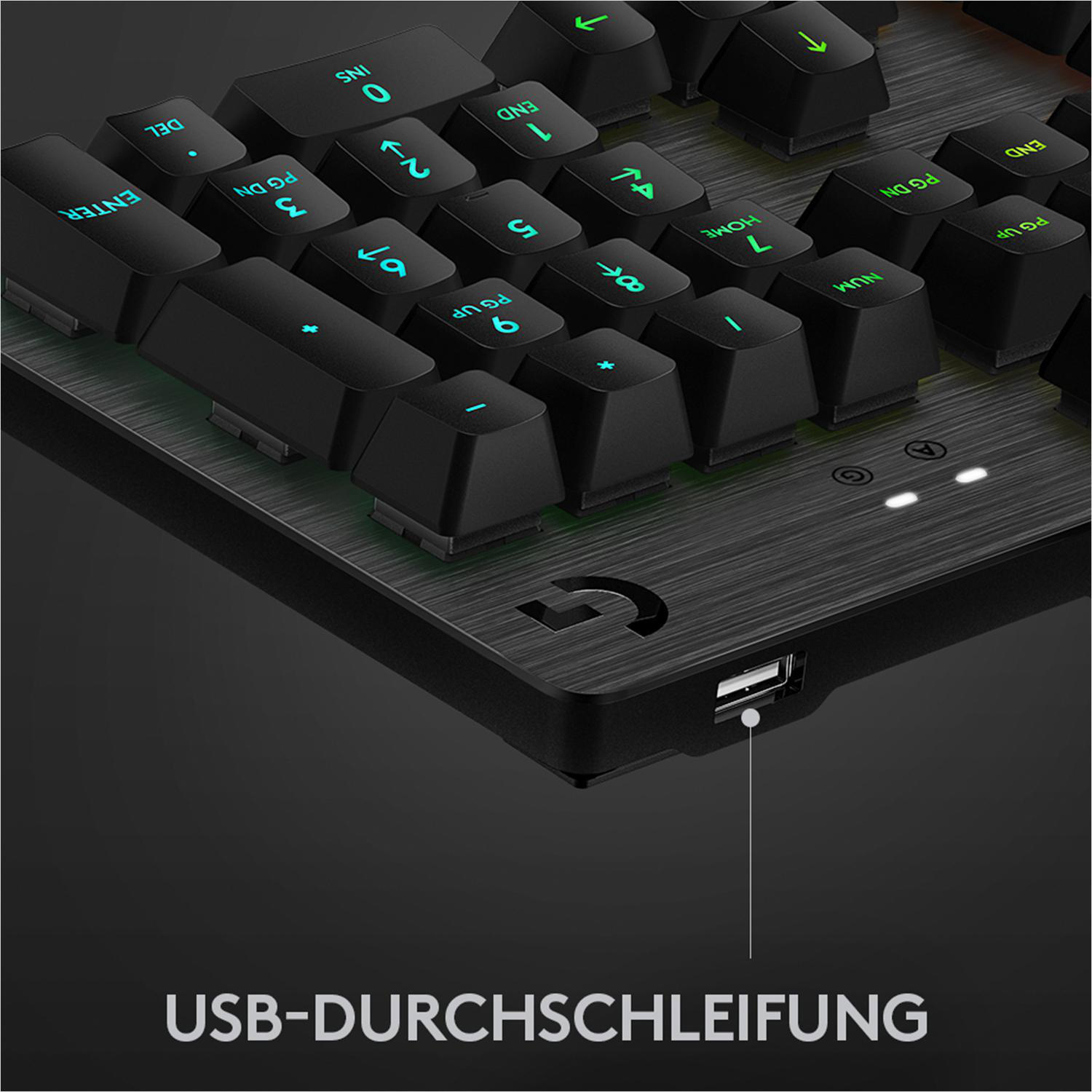 LOGITECH G513 Carbon RGB, GX Blue (Clicky), Gaming Tastatur, Mechanisch, kabelgebunden, Schwarz