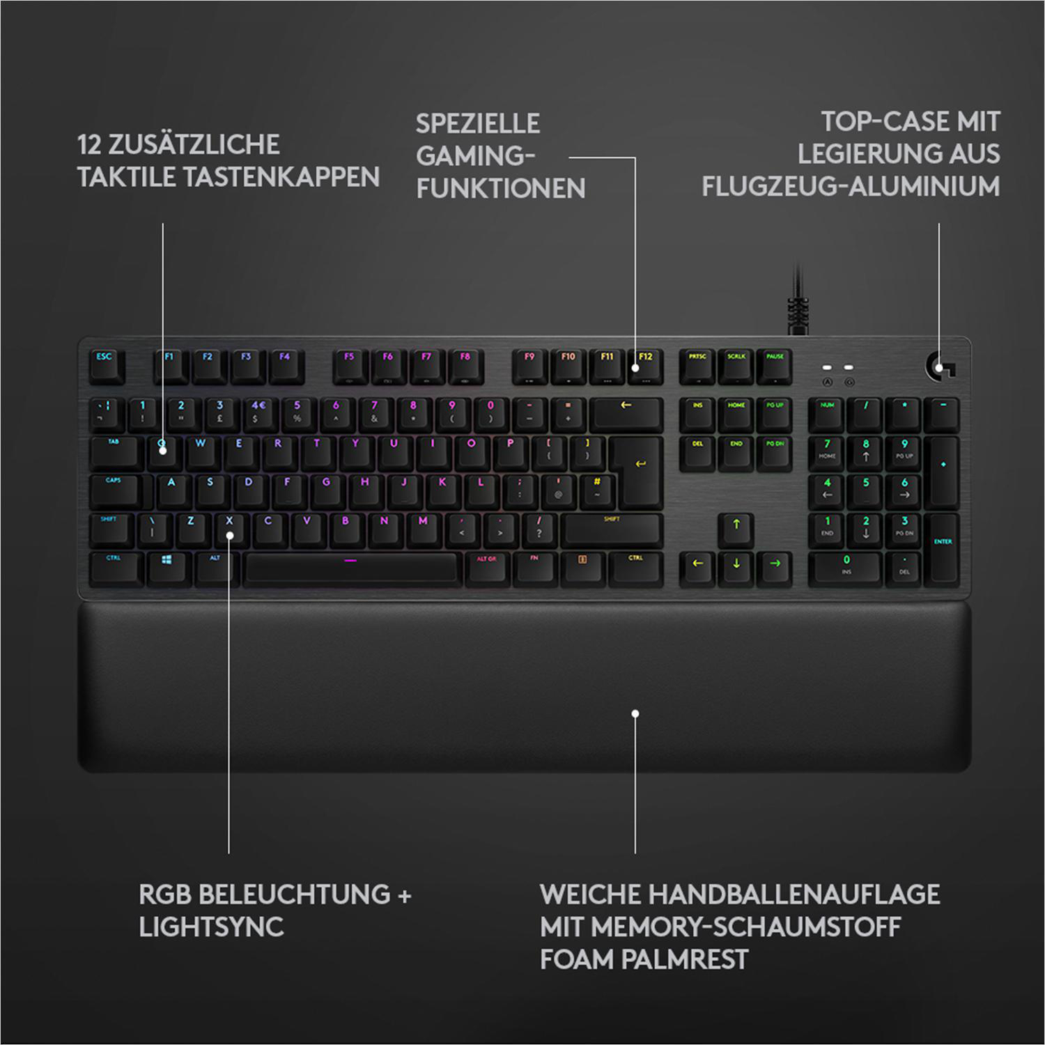 LOGITECH G513 Carbon RGB, GX Blue (Clicky), Gaming Tastatur, Mechanisch, kabelgebunden, Schwarz